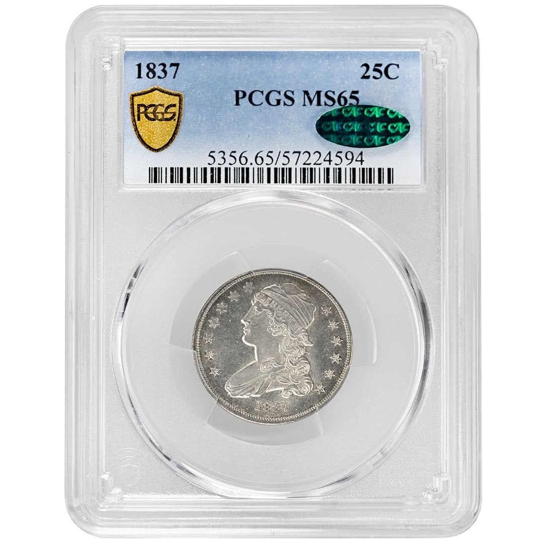PCGS MS65 CAC 1837 Silver Capped Bust Quarter Type 2 Small Size: PCGS MS65 CAC 1837 Silver Capped Bust Quarter Type 2 Small Size This 1837 Capped Bust Quarter is a rare silver coin from the United States, certified by PCGS and CAC with a grade of MS65. Minted in Ph