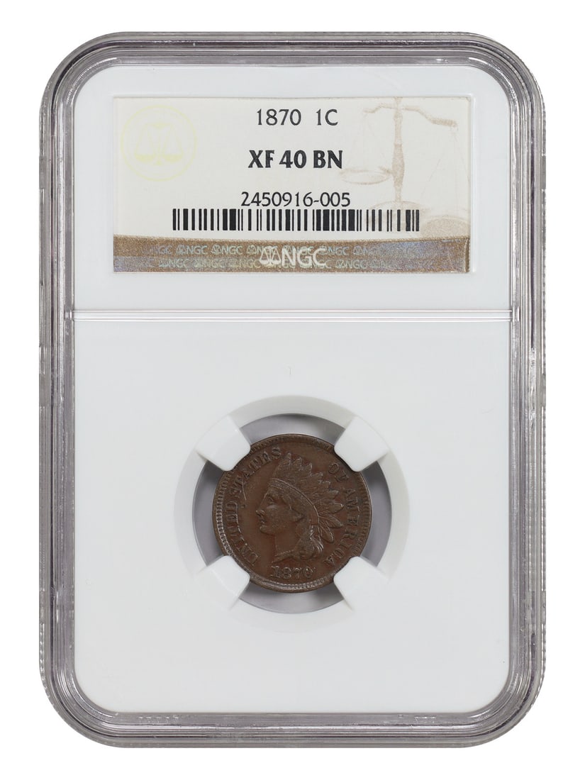 NGC XF40 graded 1870 Indian One Cent Philadelphia Key Date: NGC XF40 graded 1870 Indian One Cent Philadelphia Key Date This 1870 Indian Cent is a circulated coin graded XF40 by NGC. It features a brown (BN) designation and was minted in Philadelphia. As a part
