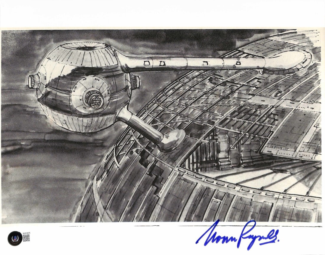 Death Star Concept Art 11x14 Photo Signed by Norman Reynolds Beckett Authenticated: Death Star Concept Art 11x14 Photo Signed by Norman Reynolds Beckett Authenticated This is an original 11x14 inch color photograph featuring concept art of the Death Star from Star Wars. The photo is