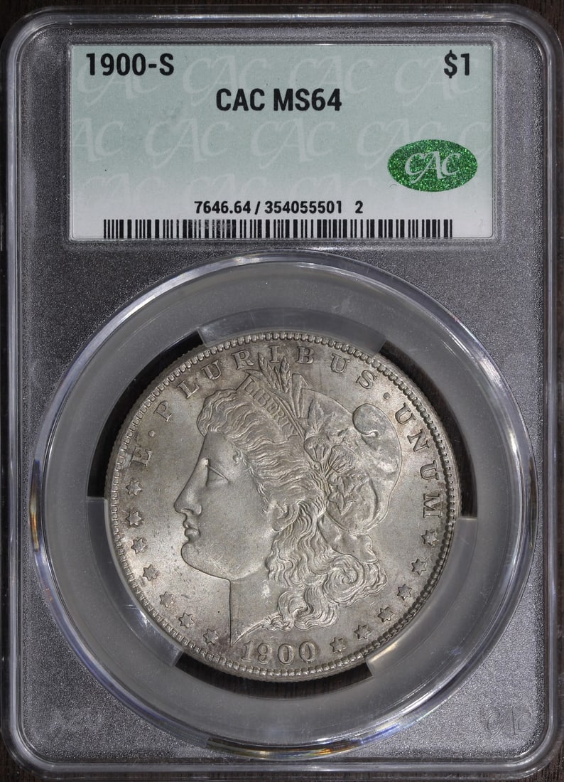 MS64 CAC 1900-S Morgan Dollar Silver Coin Key Date Certified: MS64 CAC 1900-S Morgan Dollar Silver Coin Key Date Certified This is a 1900-S Morgan Silver Dollar graded MS64 by CAC. The coin is uncirculated and features the key date 1900, minted in New Orleans. I