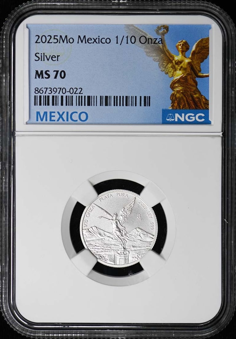 2025 Mexico 1/10 Onza Silver Libertad NGC MS70 with 200 Mintage: 2025 Mexico 1/10 Onza Silver Libertad NGC MS70 with 200 Mintage This 2025 Mo Mexico 1/10 Onza Libertad silver coin is certified by NGC with an MS70 grade, indicating a flawless, un-used condition. Wit