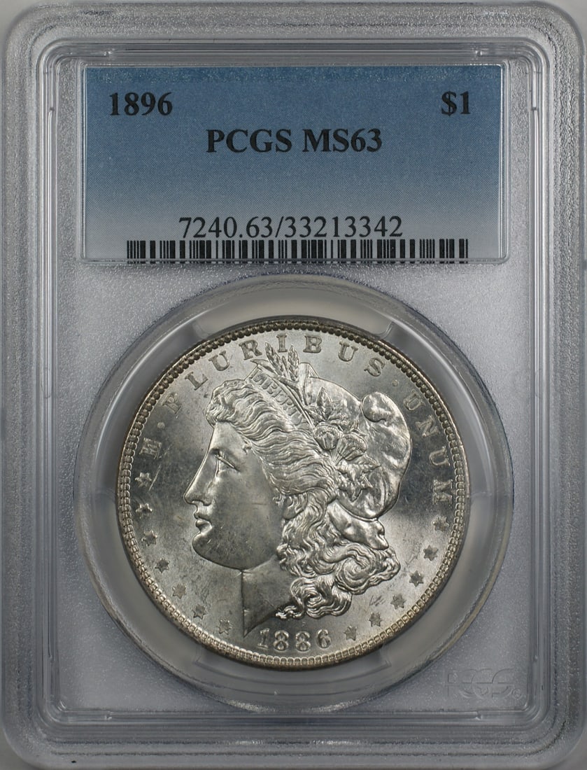PCGS MS 63 1896 Morgan Dollar Silver Coin With Reverse Toning: PCGS MS 63 1896 Morgan Dollar Silver Coin With Reverse Toning This 1896 Morgan Silver Dollar is certified by PCGS with a grade of MS 63. The coin features beautiful reverse toning and originates from