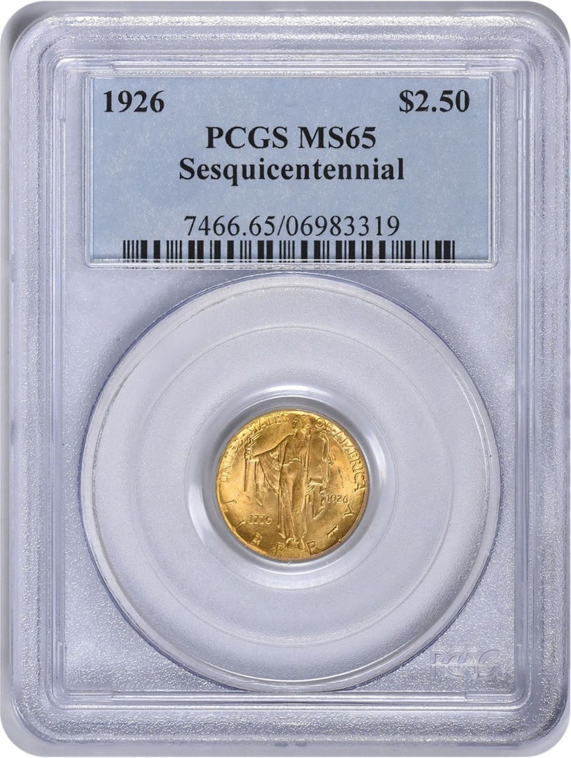 1926 $2.50 Gold Sesquicentennial Coin PCGS MS65 Philadelphia: 1926 $2.50 Gold Sesquicentennial Coin PCGS MS65 Philadelphia This 1926 Sesquicentennial $2.50 gold coin from the United States is graded MS65 by PCGS. Struck at the Philadelphia Mint, it features a co