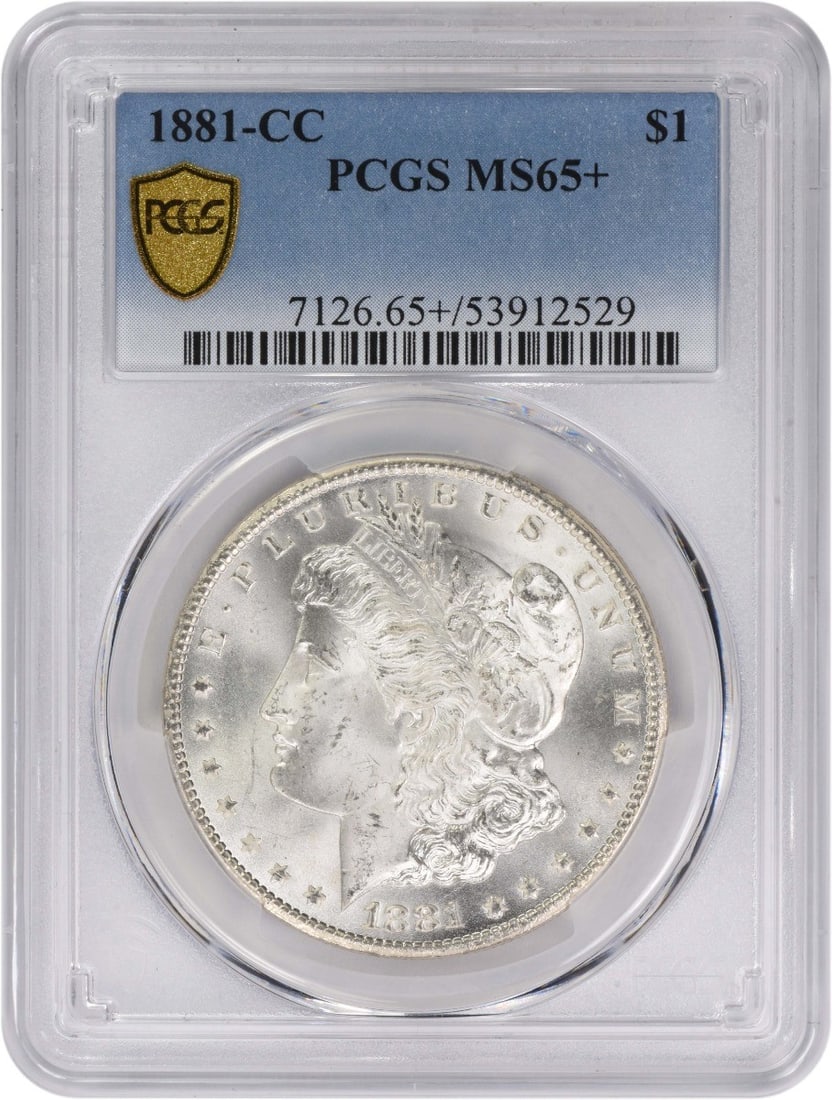 PCGS MS65 Plus 1881 Carson City Morgan Dollar 90 Percent Silver: PCGS MS65 Plus 1881 Carson City Morgan Dollar 90 Percent Silver This 1881-CC Morgan Silver Dollar is graded MS65+ by PCGS and was struck at the Carson City Mint. Composed of 90% silver and 10% copper,