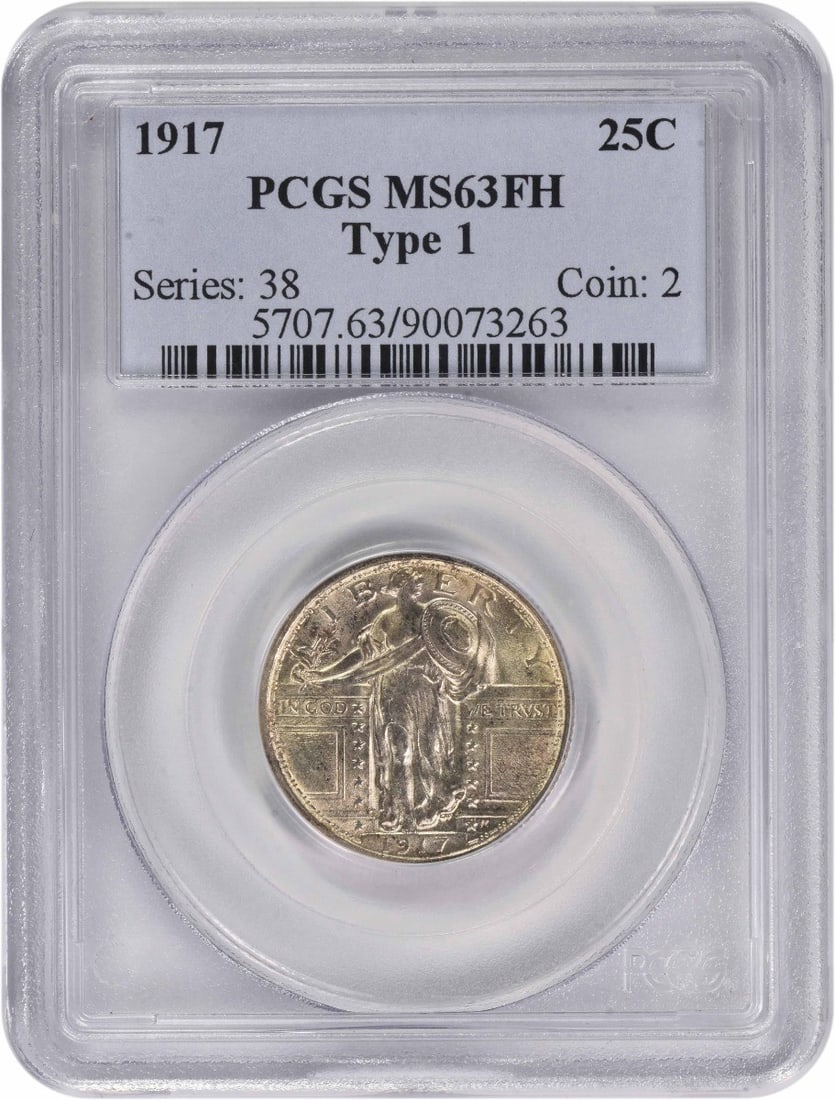 1917 Standing Liberty Quarter Type 1 MS63FH PCGS Certified Silver Coin: 1917 Standing Liberty Quarter Type 1 MS63FH PCGS Certified Silver Coin This 1917 Standing Liberty Silver Quarter is a remarkable coin that showcases the artistry of designer Hermon A. Mac Neil. Featur