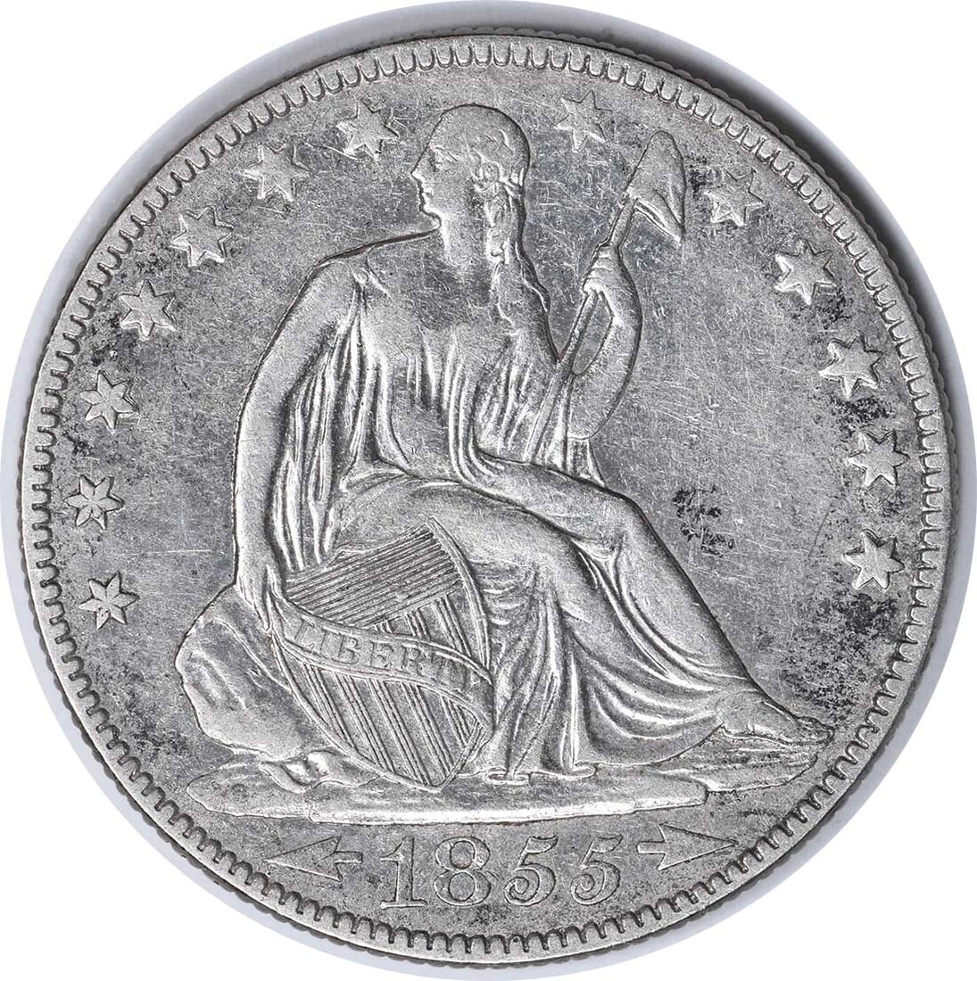 1855-O/O Liberty Seated Half Dollar 50C Uncertified Silver Coin: 1855-O/O Liberty Seated Half Dollar 50C Uncertified Silver Coin This exquisite 1855-O/O Liberty Seated Silver Half Dollar is a remarkable piece for collectors. Featuring a beautiful design by Thomas S