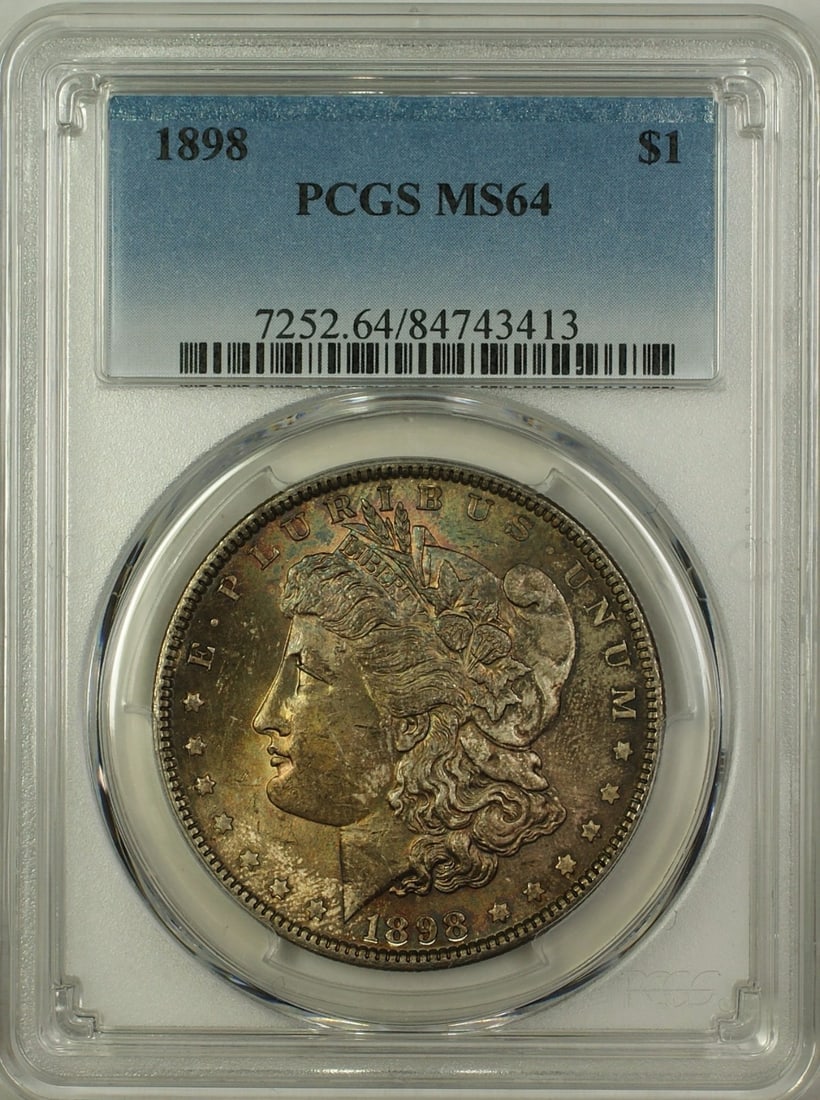 PCGS MS64 1898 Philadelphia Morgan Dollar Silver $1 Toned Uncirculated Coin: PCGS MS64 1898 Philadelphia Morgan Dollar Silver $1 Toned Uncirculated Coin This is an 1898 Morgan Silver Dollar $1 coin, graded MS-64 by PCGS. The coin is uncirculated, features attractive toning, an