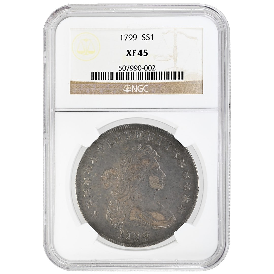 1799 Draped Bust Silver Dollar NGC XF45 Philadelphia Mint Type 2 Heraldic Eagle: 1799 Draped Bust Silver Dollar NGC XF45 Philadelphia Mint Type 2 Heraldic Eagle This 1799 Draped Bust Dollar features the Type 2 Heraldic Eagle design and is certified by NGC with an XF45 grade. Struc