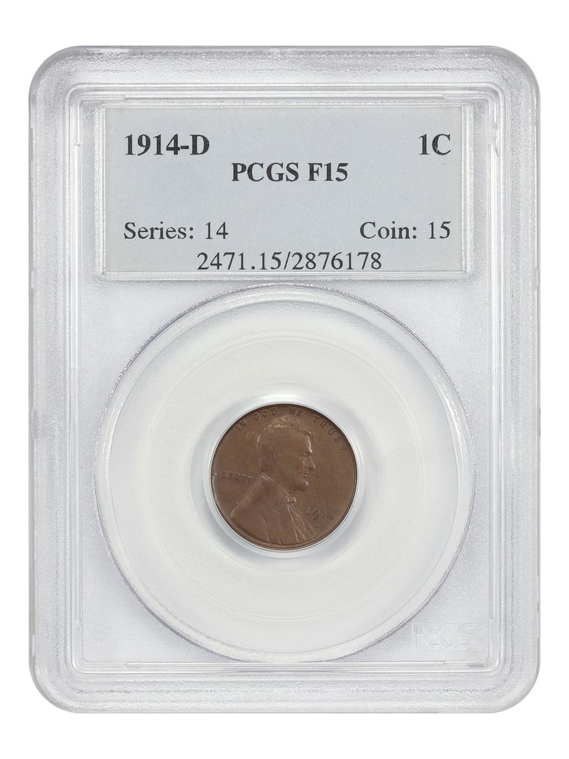 PCGS Graded 1914-D Lincoln Wheat Cent Fine 15 Key Date: PCGS Graded 1914-D Lincoln Wheat Cent Fine 15 Key Date This 1914-D Lincoln Cent features the Wheat Reverse design and is a key date for collectors. It has been graded Fine 15 by PCGS and is in circula