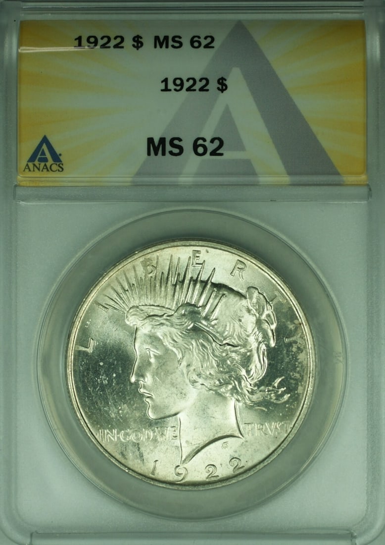 ANACS MS-62 1922 Peace Dollar Silver $1 Coin Philadelphia Mint: ANACS MS-62 1922 Peace Dollar Silver $1 Coin Philadelphia Mint This 1922 Peace Silver Dollar is certified by ANACS with a grade of MS 62. Minted in Philadelphia, this uncirculated coin is composed of