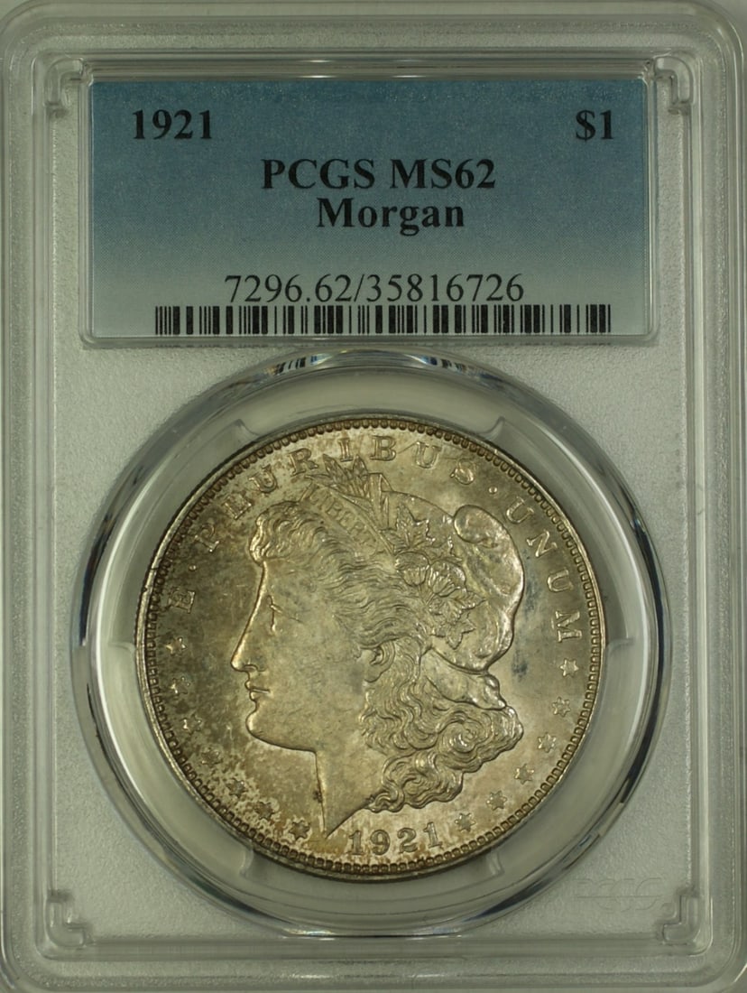 PCGS MS-62 1921 Morgan Dollar Silver $1 Philadelphia Toned Coin: PCGS MS-62 1921 Morgan Dollar Silver $1 Philadelphia Toned Coin This is a 1921 Morgan Silver Dollar $1 coin certified by PCGS with a grade of MS-62. The coin was minted in Philadelphia and is composed