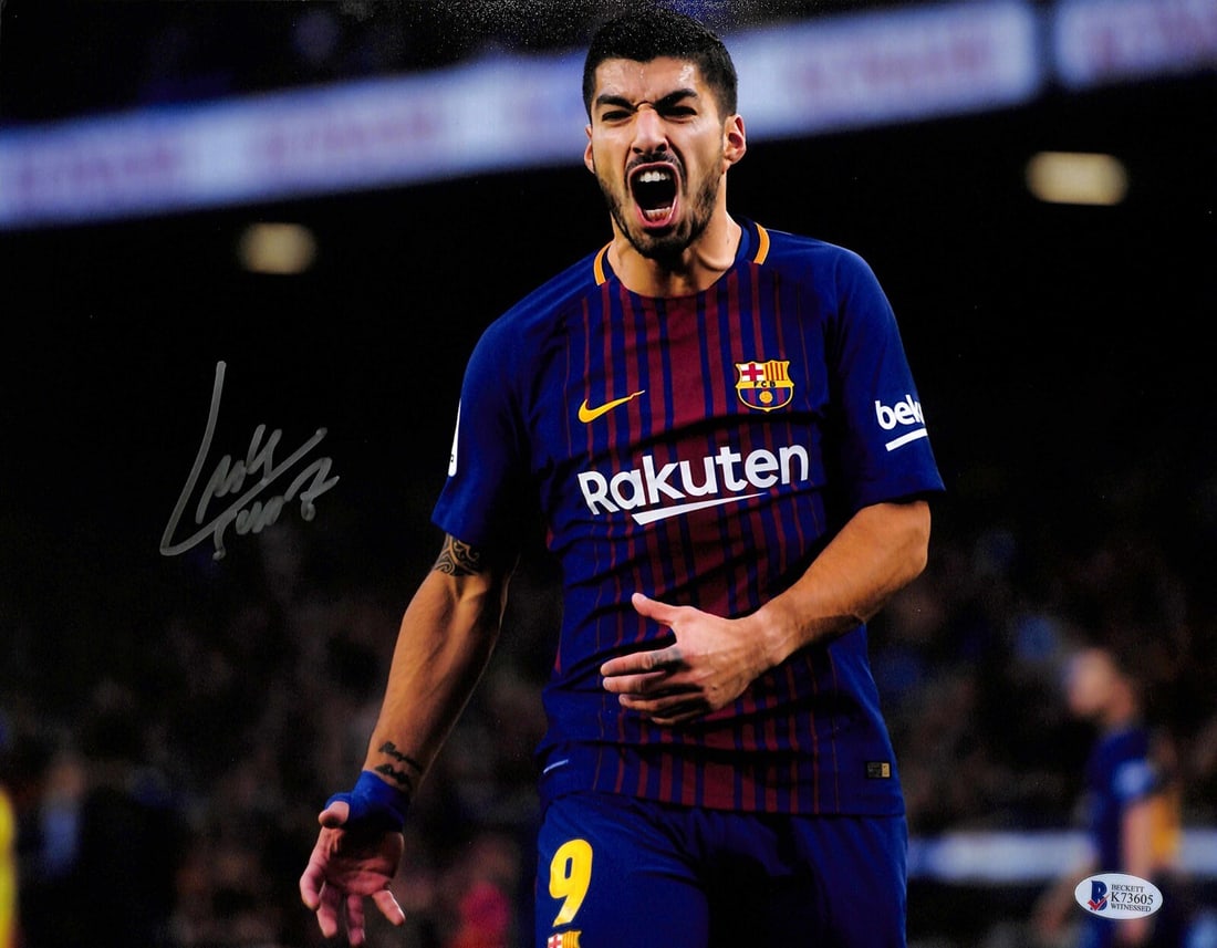 Luis Suarez Autographed 11x14 FC Barcelona Photo Beckett Certified: Luis Suarez Autographed 11x14 FC Barcelona Photo Beckett Certified This is a stunning autographed 11x14 photograph of Luis Suarez, a celebrated FC Barcelona forward, signed in silver permanent marker.
