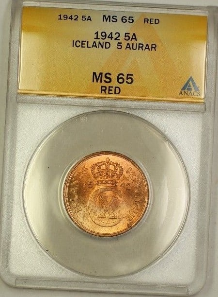 1942 Iceland Five Aurar Copper Coin ANACS MS 65 Red Uncirculated: 1942 Iceland Five Aurar Copper Coin ANACS MS 65 Red Uncirculated This is a 1942 Iceland 5 Aurar copper coin, certified by ANACS with a grade of MS 65. The coin is uncirculated and features a red GEM B
