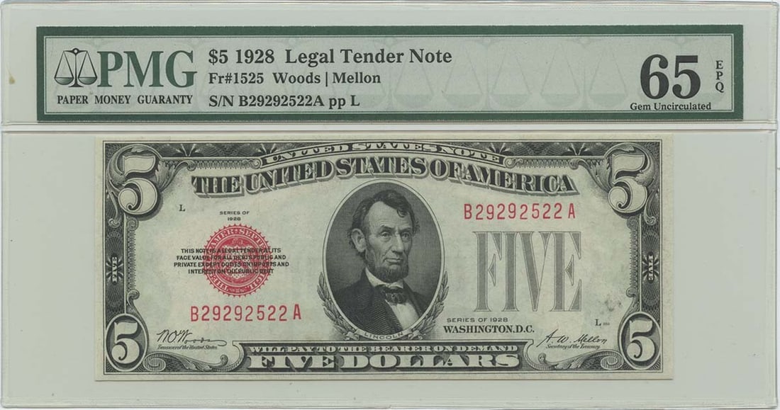 1928 $5 Legal Tender Note FR#1525 PMG 65 Gem UNC EPQ (1 of 2)