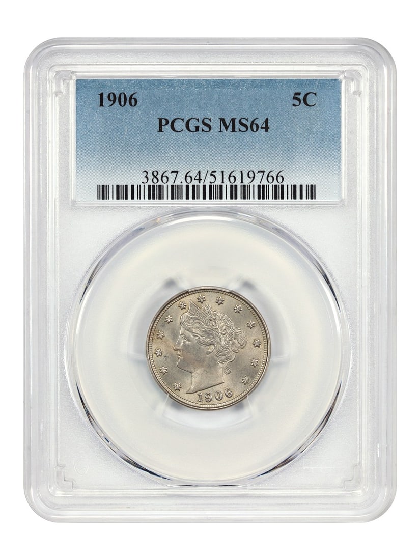 1906 Liberty Nickel 5C PCGS MS64 Uncirculated Philadelphia: 1906 Liberty Nickel 5C PCGS MS64 Uncirculated Philadelphia This 1906 Liberty Nickel, graded MS64 by PCGS, is a remarkable find for collectors. It showcases an uncirculated condition with a brilliant s