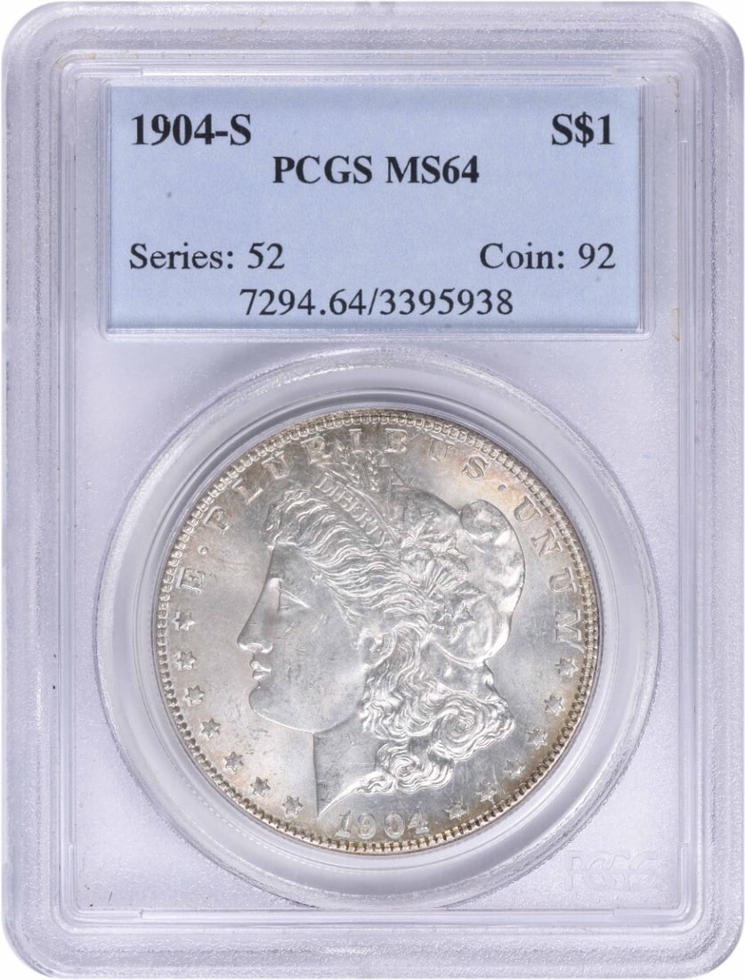 PCGS MS64 1904 San Francisco Morgan Dollar 90 Percent Silver: PCGS MS64 1904 San Francisco Morgan Dollar 90 Percent Silver This 1904-S Morgan Silver Dollar is graded MS64 by PCGS and was minted in San Francisco. Composed of 90% silver and 10% copper, this uncirc