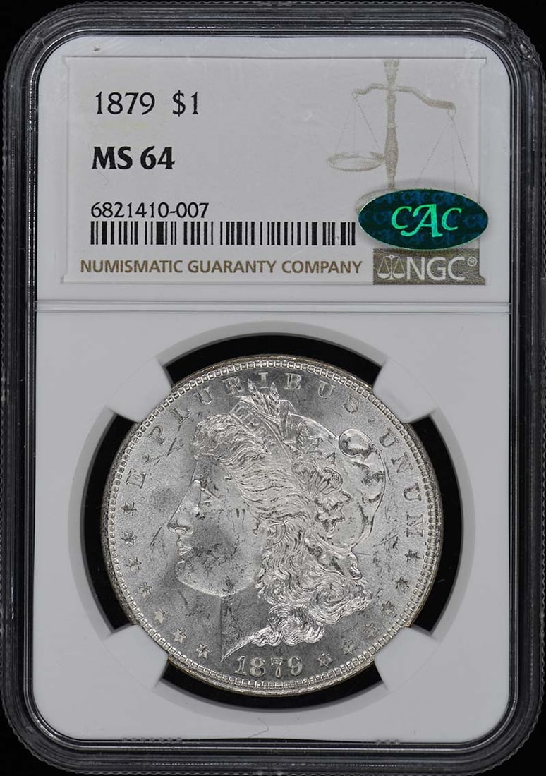 1879 Morgan Dollar NGC MS64 CAC Uncirculated Philadelphia Mint: 1879 Morgan Dollar NGC MS64 CAC Uncirculated Philadelphia Mint This stunning 1879 Morgan Dollar is graded MS64 by NGC, showcasing its uncirculated condition. Minted in Philadelphia, this coin represen
