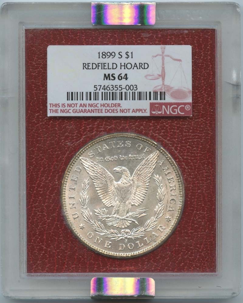 1899-S Morgan Dollar NGC MS64 Redfield Hoard Uncirculated: 1899-S Morgan Dollar NGC MS64 Redfield Hoard Uncirculated This stunning 1899-S Morgan Dollar, graded MS64 by NGC, showcases exceptional quality and detail. As an uncirculated coin from the San Francis