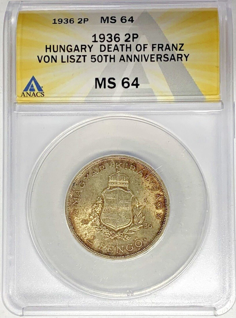 Hungary 1936 Silver 2 Pengo ANACS MS 64 Certified Coin: Hungary 1936 Silver 2 Pengo ANACS MS 64 Certified Coin This 1936 Hungary 2 Pengo coin is composed of silver and has been graded MS 64 by ANACS. It is a pre-owned collectible coin from Hungary, offerin