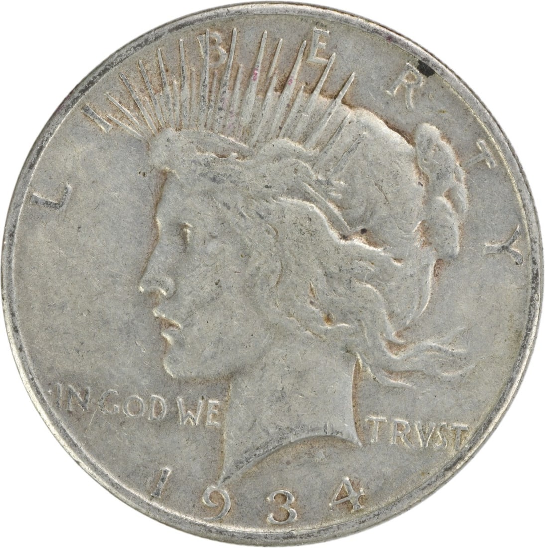 1934-S Peace Silver Dollar VF Uncertified 90% Silver Coin: 1934-S Peace Silver Dollar VF Uncertified 90% Silver Coin This 1934-S Peace Silver Dollar is a remarkable addition for any coin collector. Featuring a design by Anthony de Francisci, this coin represe