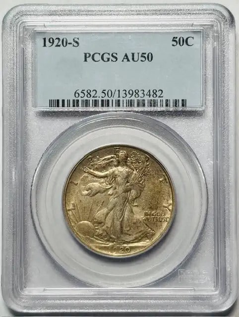 1920 S Walking Liberty Half Dollar PCGS AU 50 Silver Coin: 1920 S Walking Liberty Half Dollar PCGS AU 50 Silver Coin This 1920 S Walking Liberty Half Dollar is a remarkable piece of American numismatic history. Graded AU-50 by PCGS, this silver coin showcases
