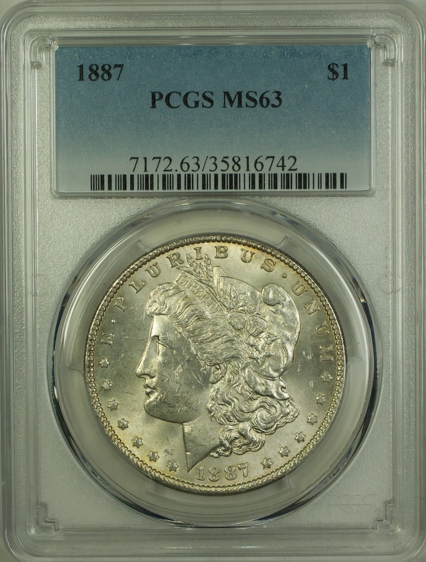 PCGS MS63 1887 Morgan Dollar Silver Coin Philadelphia Mint: PCGS MS63 1887 Morgan Dollar Silver Coin Philadelphia Mint This 1887 Morgan Silver Dollar features a $1 denomination and is certified by PCGS with an MS-63 grade. Struck in Philadelphia, this uncircul