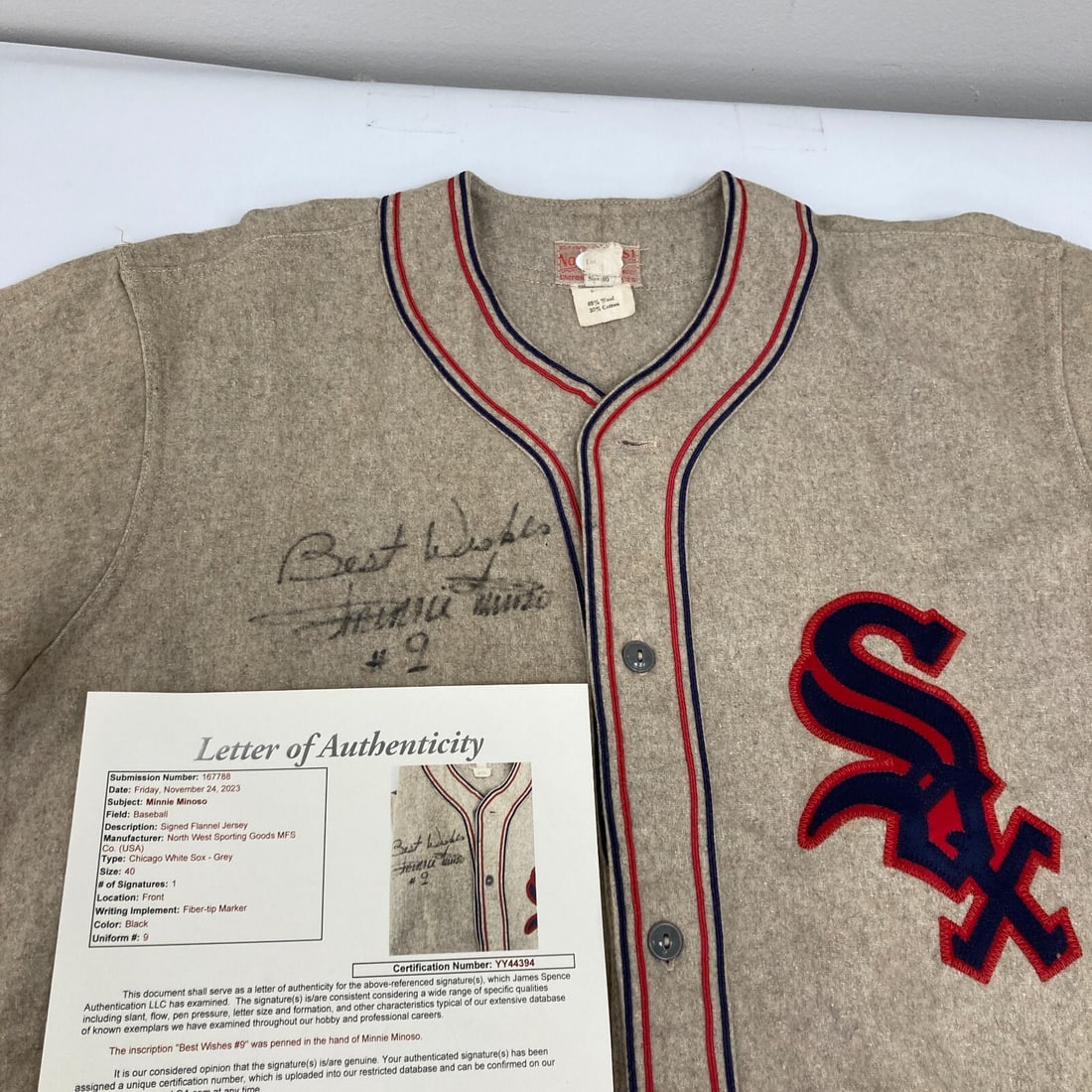 Minnie Minoso Autographed 1950's Chicago White Sox Jersey JSA COA: Minnie Minoso Autographed 1950's Chicago White Sox Jersey JSA COA This is an original 1950's Chicago White Sox game model jersey signed by baseball legend Minnie Minoso. The jersey comes with a full l