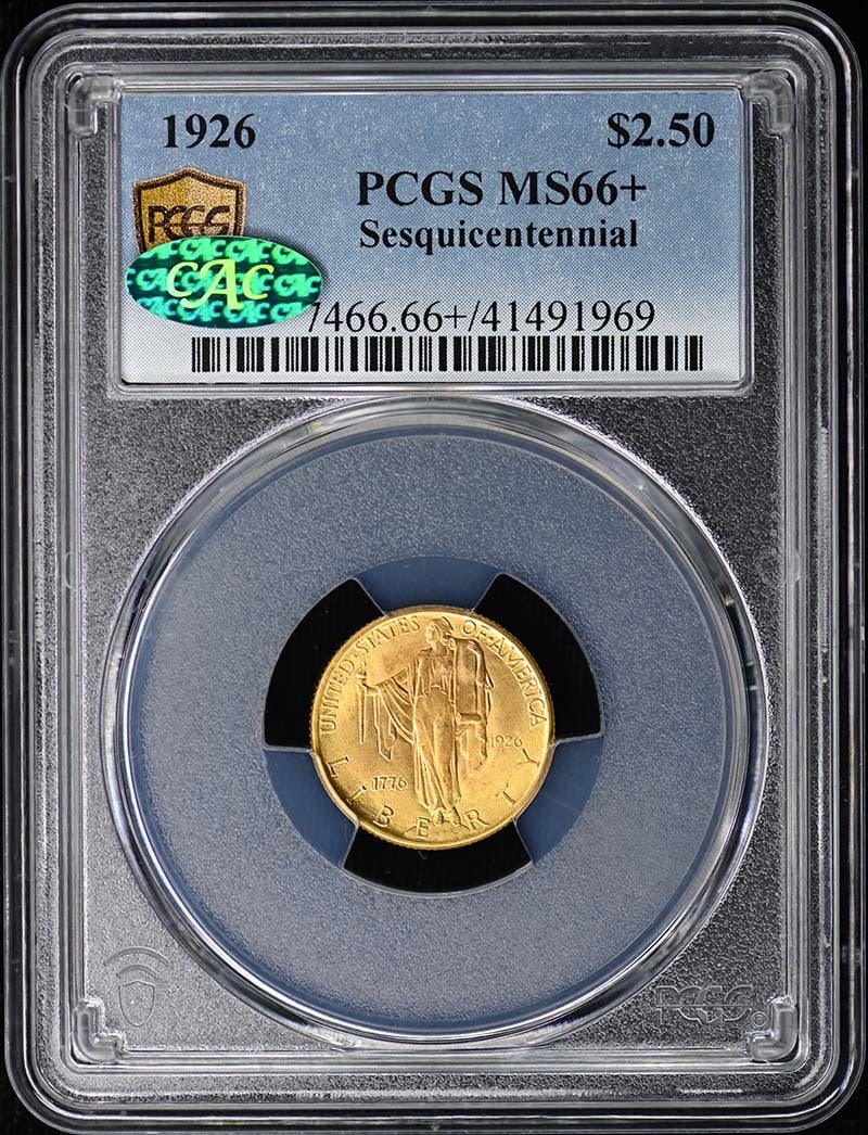 1926 Sesquicentennial $2.50 Gold Coin PCGS MS66 Plus CAC Certified: 1926 Sesquicentennial $2.50 Gold Coin PCGS MS66 Plus CAC Certified This 1926 Sesquicentennial $2.50 gold commemorative coin is graded MS66+ by PCGS and features a CAC designation. Minted in Philadelph