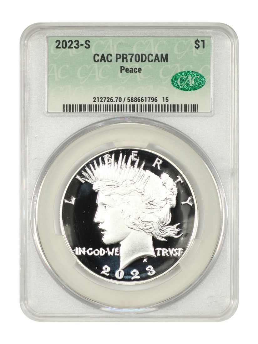 2023 San Francisco Proof Peace Dollar CACG PR70DCAM Silver $1 Coin: 2023 San Francisco Proof Peace Dollar CACG PR70DCAM Silver $1 Coin This 2023-S $1 Peace Dollar is a modern commemorative coin struck in proof with a deep cameo finish. Graded PR70DCAM by CACG, it repr