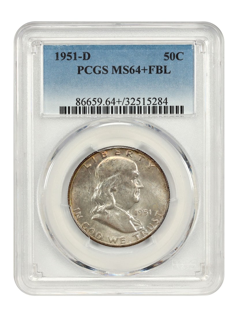 PCGS MS64+FBL 1951-D Franklin Half Dollar 50C Uncirculated: PCGS MS64+FBL 1951-D Franklin Half Dollar 50C Uncirculated This is a 1951-D Franklin Half Dollar graded MS64+ with Full Bell Lines (FBL) by PCGS. Minted in Denver, this uncirculated coin features the
