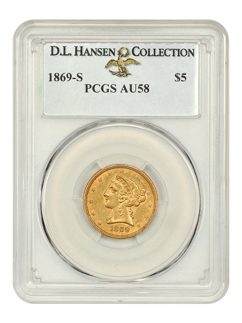 1869-S $5 Liberty Head Gold Coin PCGS AU58 San Francisco Mint: 1869-S $5 Liberty Head Gold Coin PCGS AU58 San Francisco Mint This 1869-S $5 Liberty Head coin is graded AU58 by PCGS, certification number 34522548. It features a circulated condition with a striking