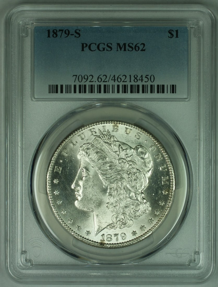 PCGS MS62 1879 San Francisco Morgan Silver Dollar: PCGS MS62 1879 San Francisco Morgan Silver Dollar This 1879-S Morgan Silver Dollar is an uncirculated coin certified by PCGS with a grade of MS-62. Minted in San Francisco, it is composed of 90% silve