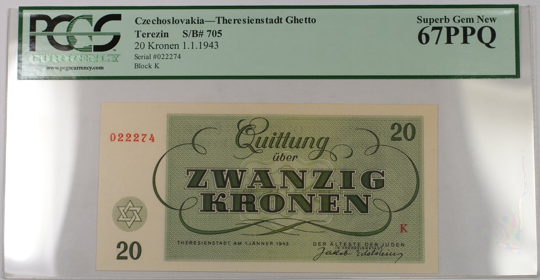 PCGS PPQ 67 Czechoslovakia Theresienstadt 1943 20 Kronen Banknote: PCGS PPQ 67 Czechoslovakia Theresienstadt 1943 20 Kronen Banknote This is a 1943 Czechoslovakia Theresienstadt 20 Kronen banknote, certified by PCGS Currency with a grade of 67 PPQ, indicating superb