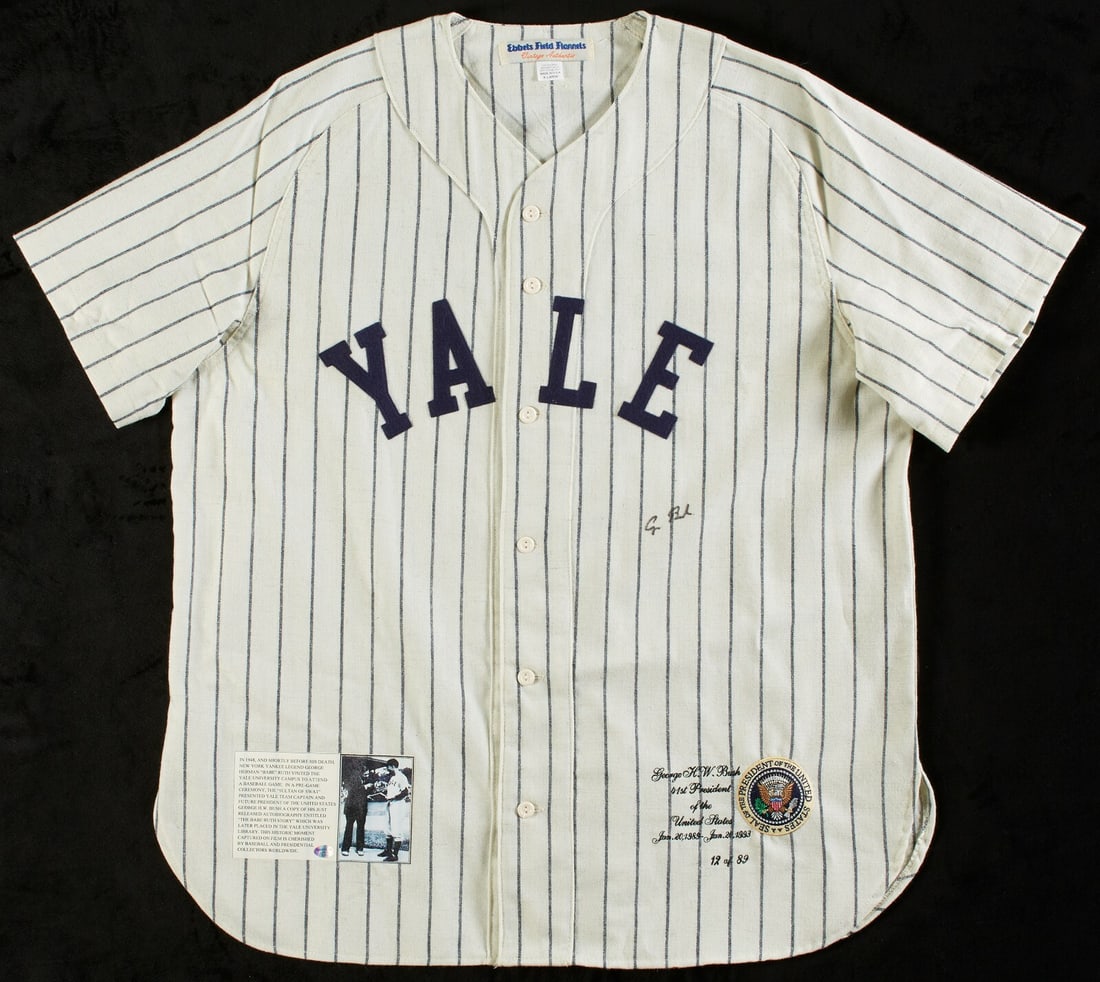 George H.W. Bush Signed Yale Flannel Baseball Jersey Beckett COA: George H.W. Bush Signed Yale Flannel Baseball Jersey Beckett COA This authentic Yale flannel baseball jersey is a unique collectible signed by George H.W. Bush, the 41st President of the United States