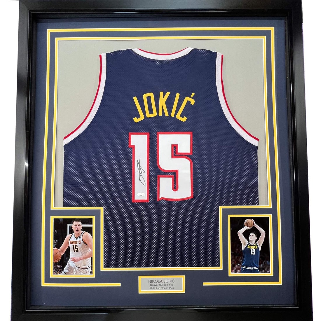 Framed Autographed Nikola Jokic Denver Nuggets Jersey with JSA COA: Framed Autographed Nikola Jokic Denver Nuggets Jersey with JSA COA This professionally framed and matted display features an authentic autographed dark blue jersey of NBA star Nikola Jokic from the De