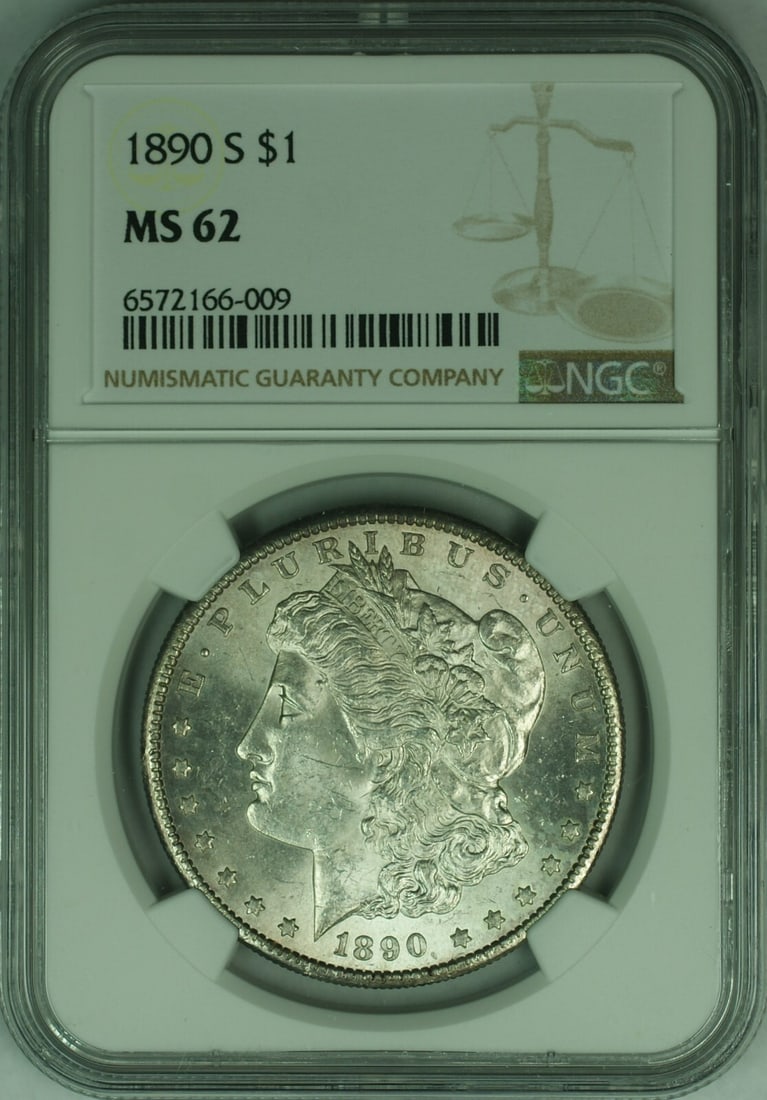NGC MS62 1890 San Francisco Morgan Silver Dollar $1 Coin: NGC MS62 1890 San Francisco Morgan Silver Dollar $1 Coin This 1890-S Morgan Silver Dollar is certified by NGC with a grade of MS-62, indicating its uncirculated condition. Minted in San Francisco, thi