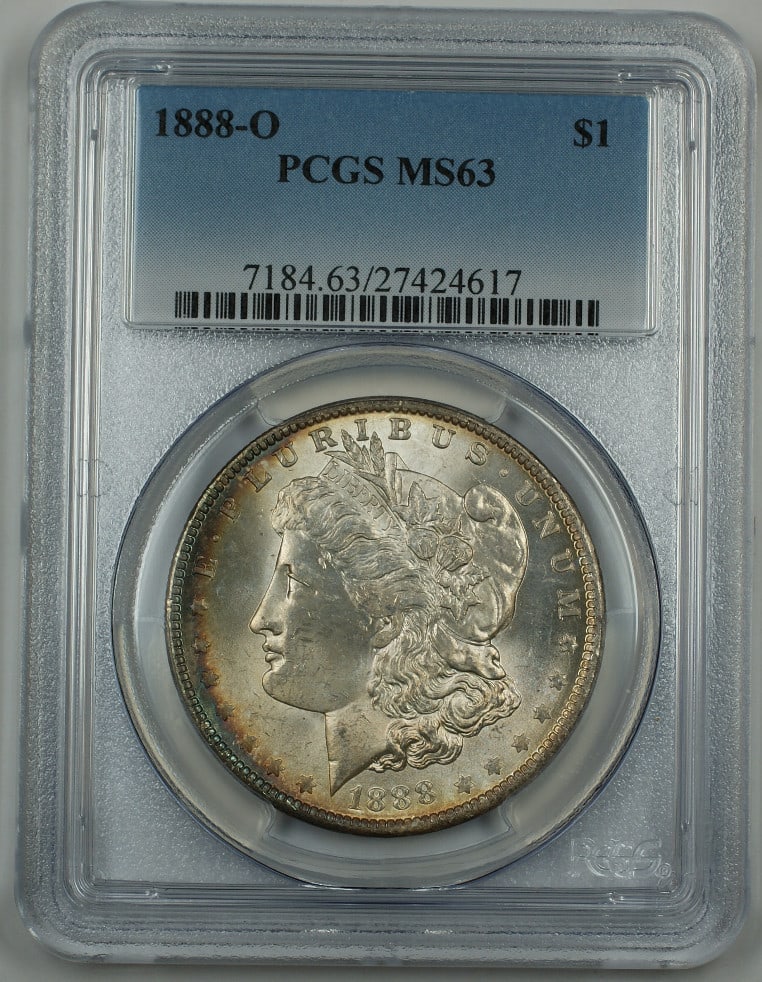 PCGS MS-63 1888-O Morgan Silver Dollar from New Orleans Mint Toned: PCGS MS-63 1888-O Morgan Silver Dollar from New Orleans Mint Toned This 1888-O Silver Morgan Dollar features attractive toning and has been graded MS-63 by PCGS. Minted in New Orleans, it is an uncirc