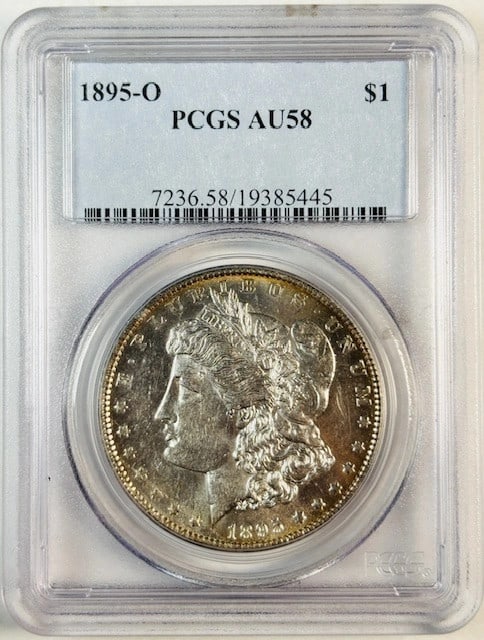 PCGS AU58 1895 O Morgan Silver Dollar New Orleans Mint: PCGS AU58 1895 O Morgan Silver Dollar New Orleans Mint This is an 1895 Morgan Silver Dollar from the New Orleans Mint, certified by PCGS with a grade of AU-58. The coin is composed of silver and is in