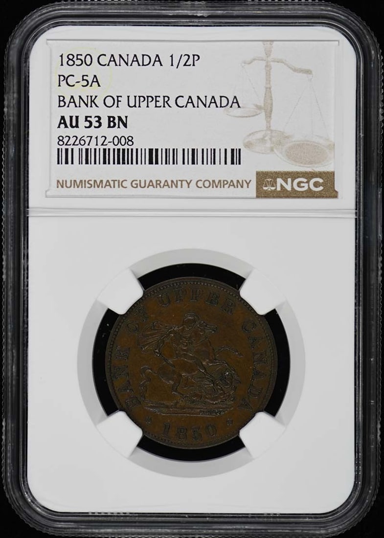 1850 Canada Bank of Upper Canada 1/2 Penny NGC AU53BN: 1850 Canada Bank of Upper Canada 1/2 Penny NGC AU53BN This 1850 Canada PC-5A Bank of Upper Canada 1/2 Penny coin is certified by NGC with a grade of AU53, indicating it is in an attractive circulated
