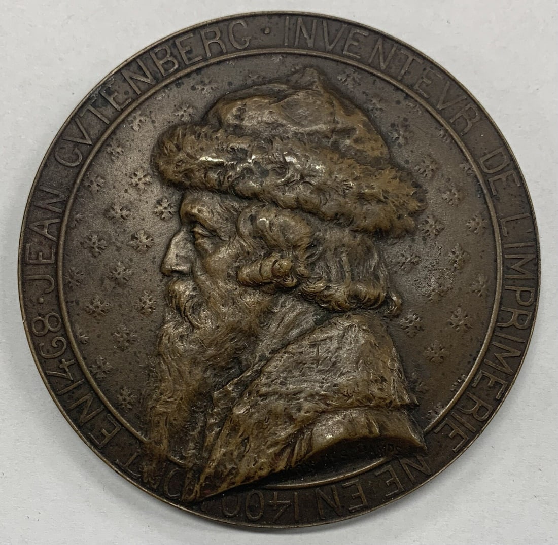 Copper French Medal Honoring Gutenberg 1400-1468 3 Inch 7 Ounce (1 of 2)