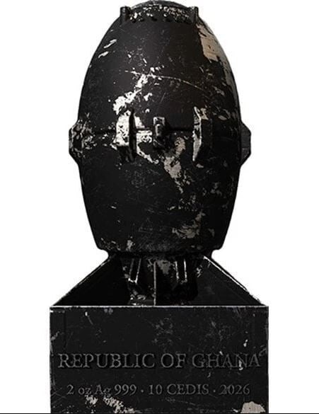 2 oz Silver 2026 Ghana 10 Cedis Atomic Bomb Coin in Sealed OGP: 2 oz Silver 2026 Ghana 10 Cedis Atomic Bomb Coin in Sealed OGP This is a 2026 Ghana 10 Cedis coin, crafted from 2 ounces of 0.999 fine silver and shaped in the form of an atomic bomb. The coin remains