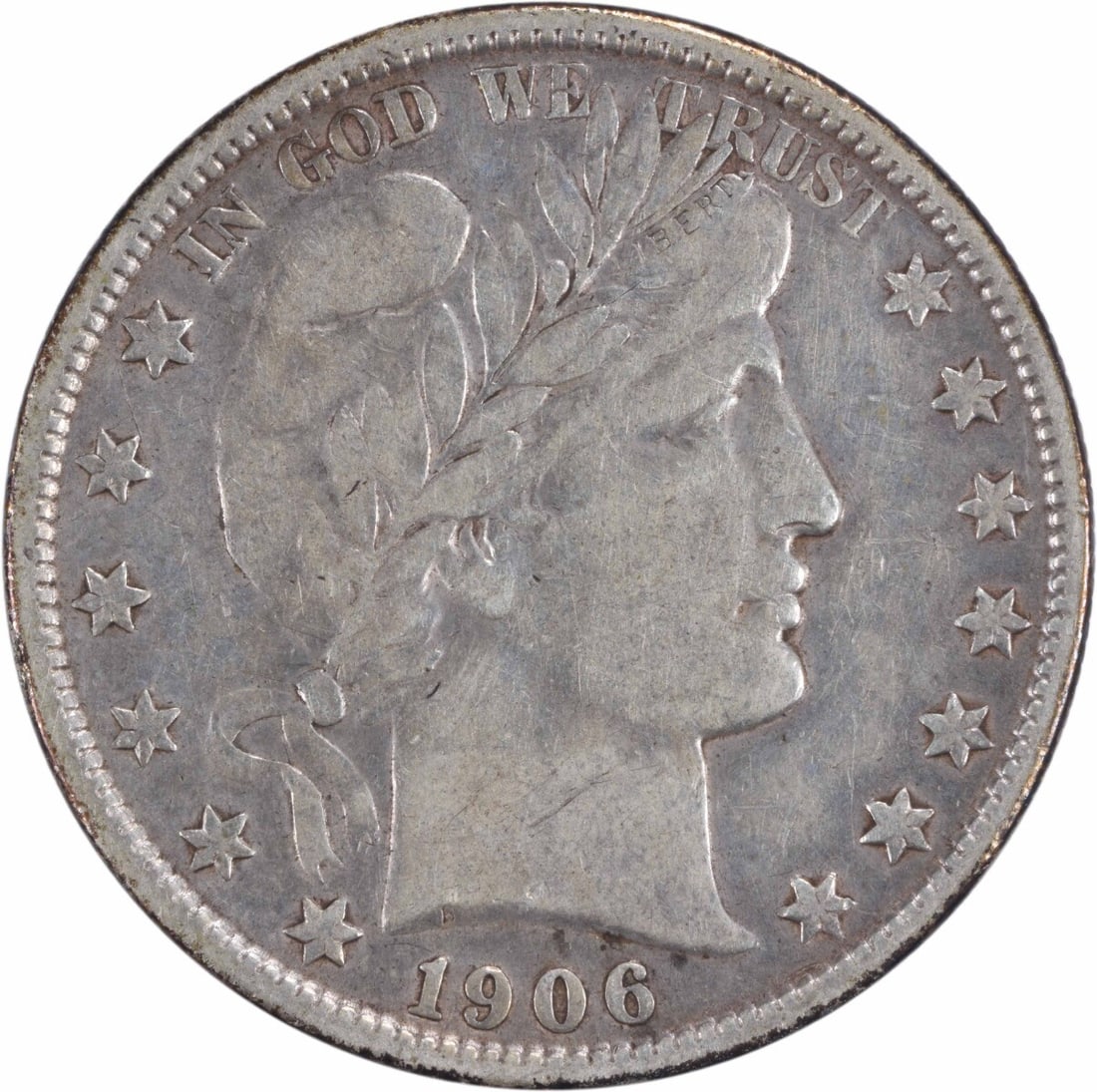 1906 San Francisco Barber Half Dollar 90 Percent Silver Circulated VF Uncertified: 1906 San Francisco Barber Half Dollar 90 Percent Silver Circulated VF Uncertified This 1906-S Barber Half Dollar is a circulated coin from the United States, minted in San Francisco. Designed by Charl