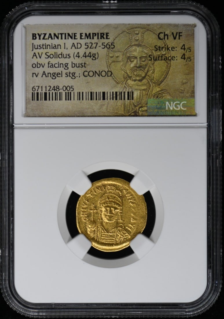 Justin II AV Solidus Byzantine Empire NGC MS60 Certified Coin: Justin II AV Solidus Byzantine Empire NGC MS60 Certified Coin This Byzantine Empire AV Solidus, minted during the reign of Justin II from AD 565 to 578, is a remarkable piece of history. Graded MS60 b