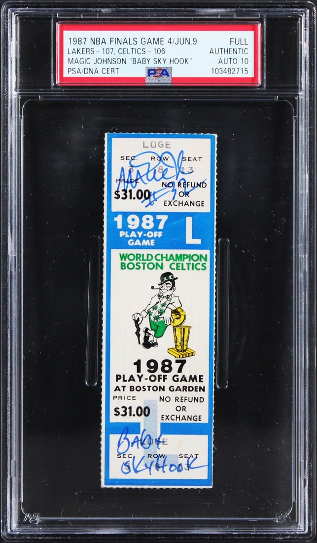 Magic Johnson Signed 1987 NBA Finals Ticket Stub Gem Mint 10 PSA/DNA: Magic Johnson Signed 1987 NBA Finals Ticket Stub Gem Mint 10 PSA/DNA Celebrate basketball history with this authentic, autographed full ticket stub from Game 4 of the 1987 NBA Finals, featuring Magic