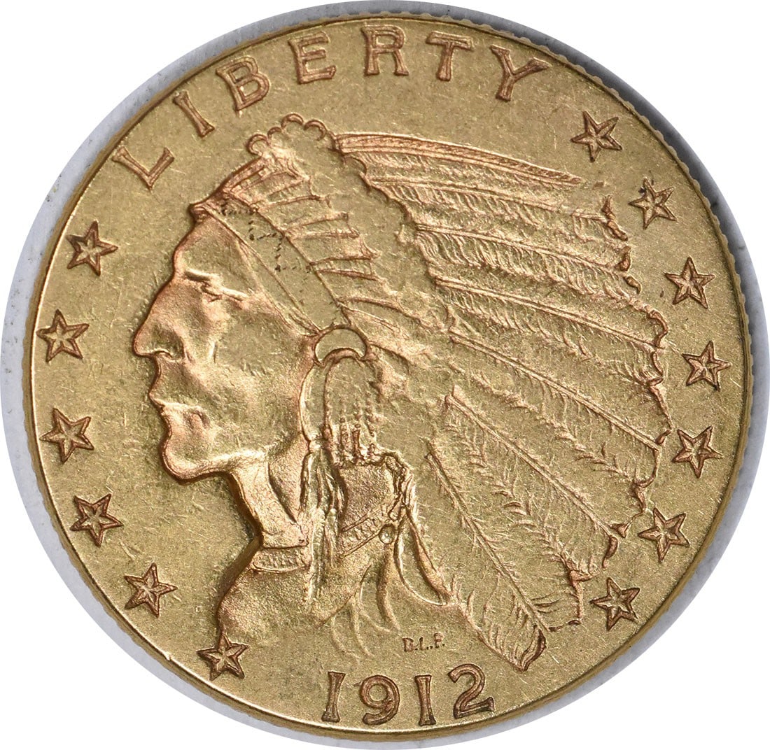1912 Indian Head $2.50 Gold Coin Extra Fine Uncertified Philadelphia Mint: 1912 Indian Head $2.50 Gold Coin Extra Fine Uncertified Philadelphia Mint This 1912 $2.50 Gold Indian coin was struck at the Philadelphia Mint and features a design by Bela Lyon Pratt. Composed of 90%