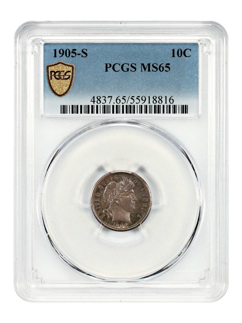 PCGS MS65 1905-S Barber Dime Gem Uncirculated 10 Cent Coin: PCGS MS65 1905-S Barber Dime Gem Uncirculated 10 Cent Coin This 1905-S Barber Dime is graded MS65 by PCGS and features a pleasant toning that is especially noticeable under light. Struck at the San Fr