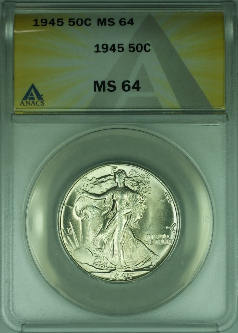 1945 Liberty Walking 50C Silver Coin ANACS MS64 Philadelphia Mint: 1945 Liberty Walking 50C Silver Coin ANACS MS64 Philadelphia Mint This 1945 Walking Liberty Half Dollar is composed of 90% silver and was minted in Philadelphia. The coin features the iconic Liberty W