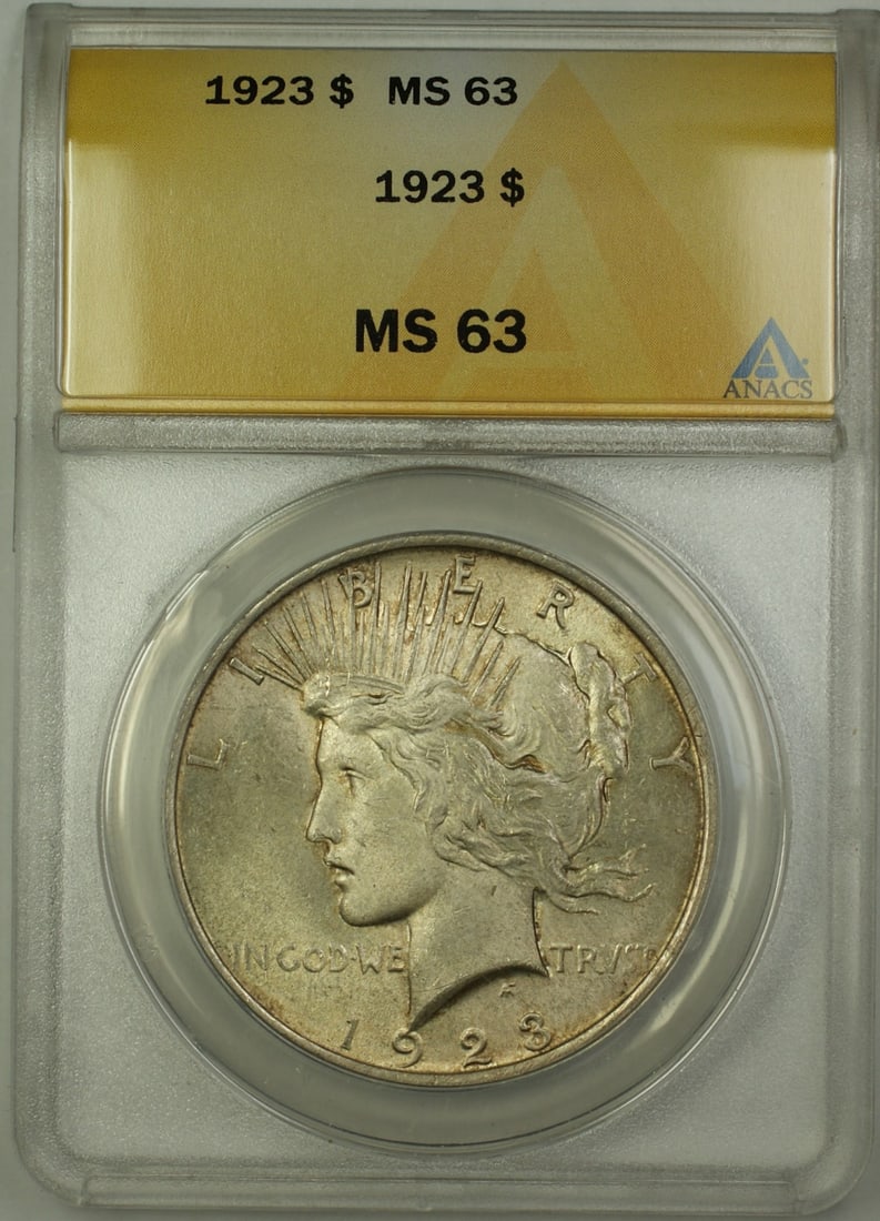 1923 Philadelphia Peace Dollar Silver $1 ANACS MS 63 Light Toning: 1923 Philadelphia Peace Dollar Silver $1 ANACS MS 63 Light Toning This 1923 Peace Dollar is a $1 silver coin from the United States, minted in Philadelphia. Certified by ANACS with a grade of MS 63, i