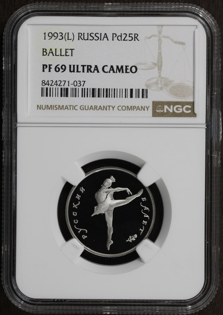 1993 Russia Palladium 5 Roubles Ballerina Coin NGC PF69 1/4 oz: 1993 Russia Palladium 5 Roubles Ballerina Coin NGC PF69 1/4 oz This 1993 Russia 5 Roubles coin features a ballerina design and is struck from 1/4 oz of palladium with a fineness of 0.999. Certified by