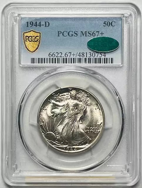 1944 D Walking Liberty Half Dollar MS 67+ PCGS CAC Certified: 1944 D Walking Liberty Half Dollar MS 67+ PCGS CAC Certified This 1944 D Walking Liberty Half Dollar is a stunning example of American numismatics, certified by both PCGS and CAC, ensuring its quality